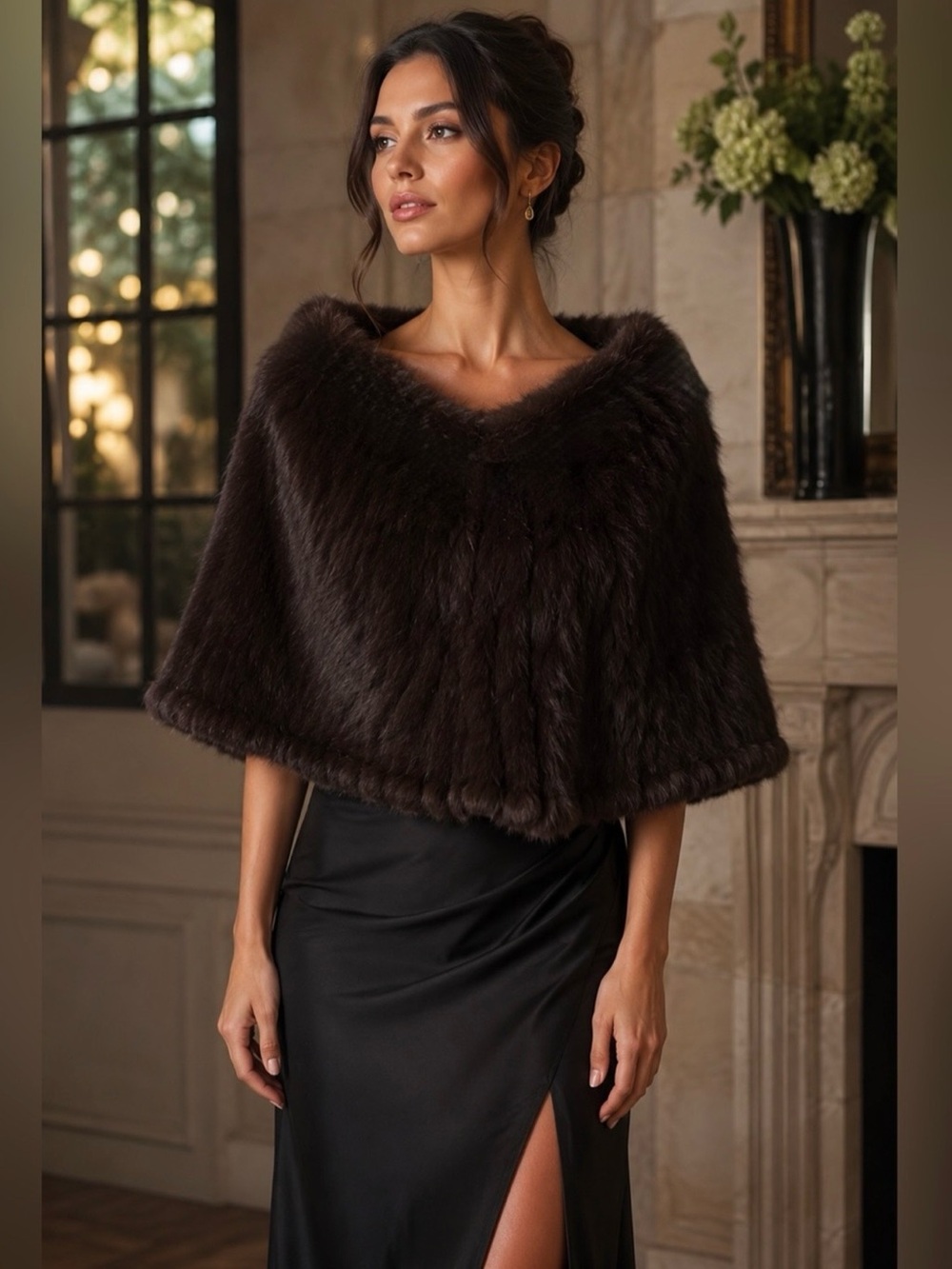 Dolce Cabo Genuine Rabbit Fur Shawl/Capelet – Rich Chocolate Brown – S/M